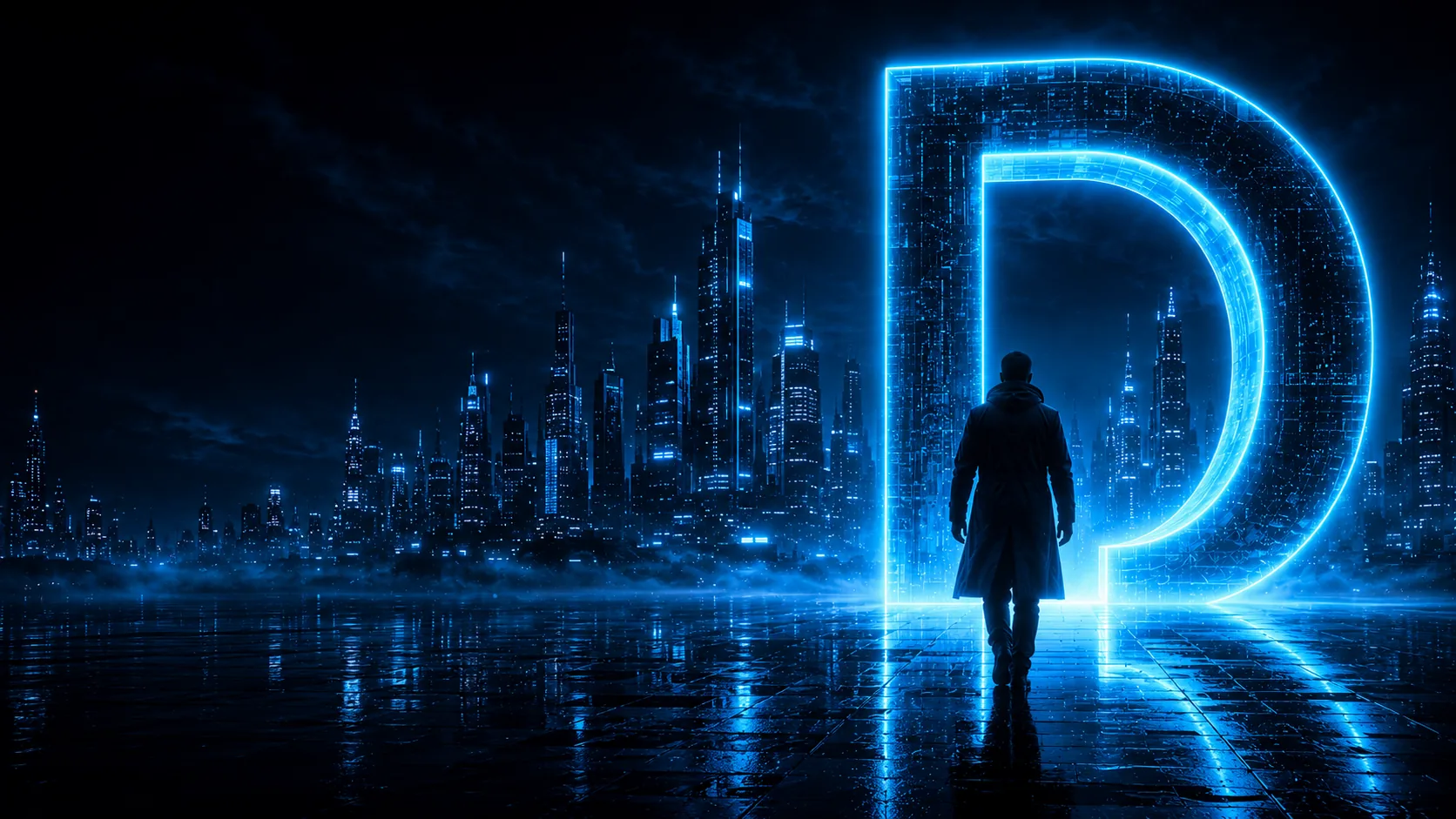 Cinematic cyan D-shaped portal with a silhouetted figure